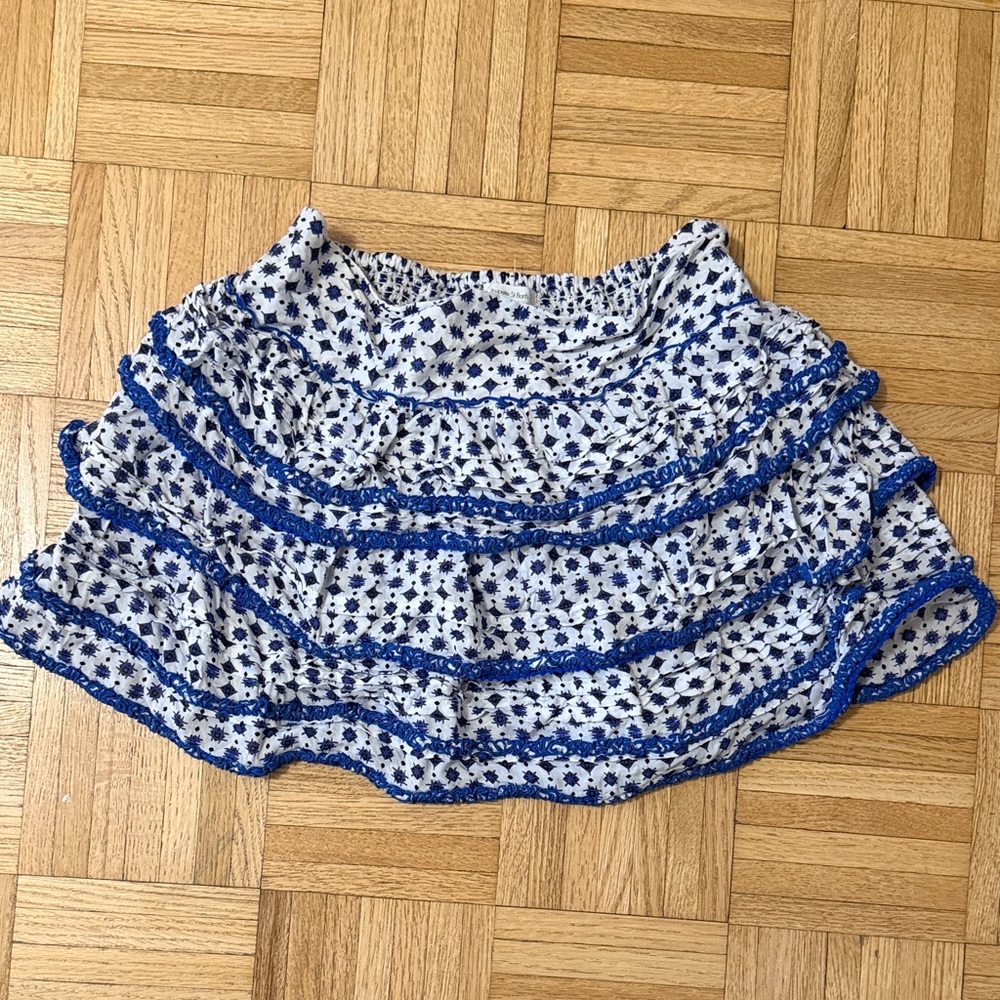 Poupette St. Barth White Floral Tiered Skirt with Blue Trim